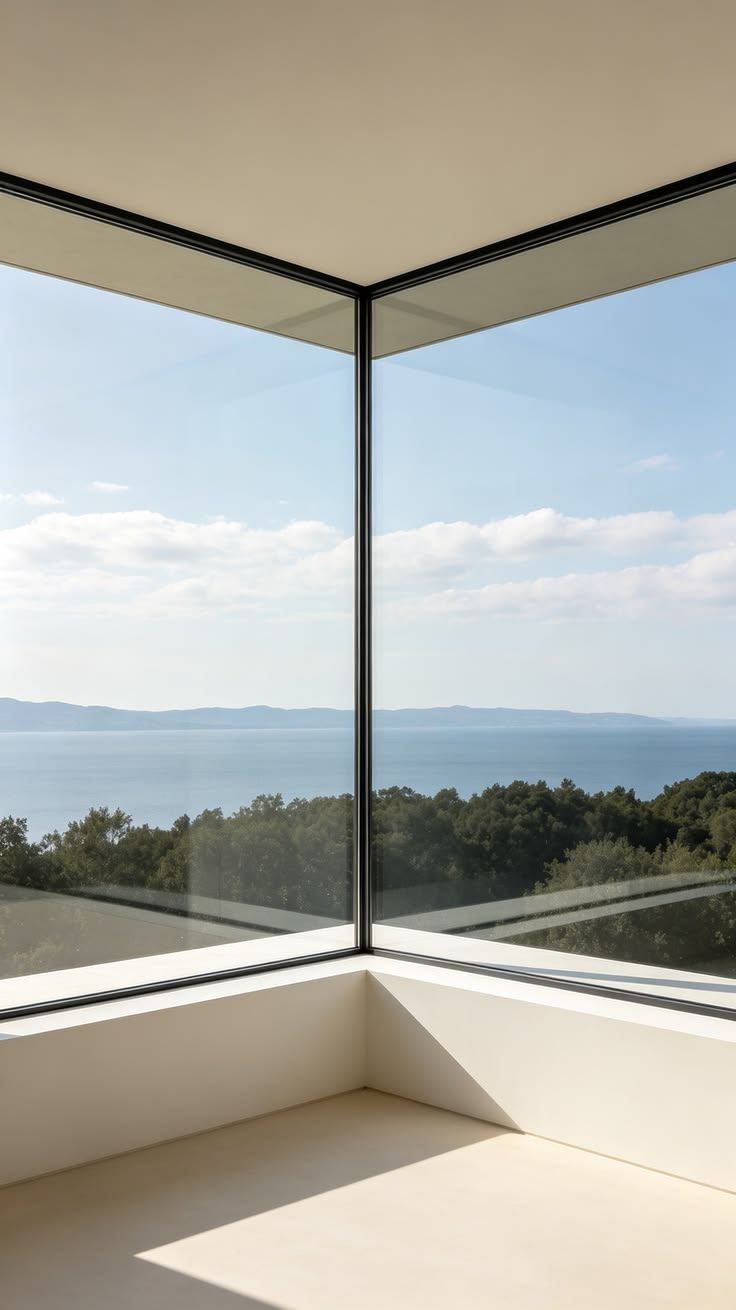 Janela de canto em vidro com vista panorâmica para o mar
