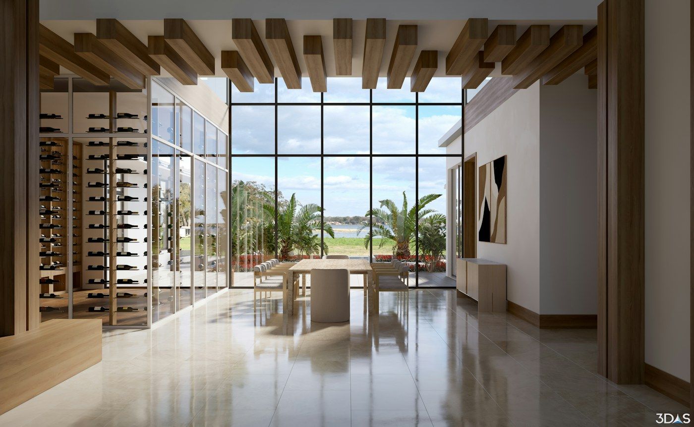 Sala com parede envidraçada, mesa e adega