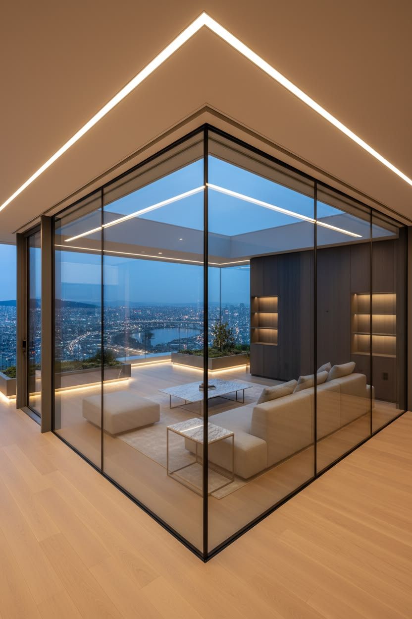 Sala sofisticada delimitada por painéis de vidro